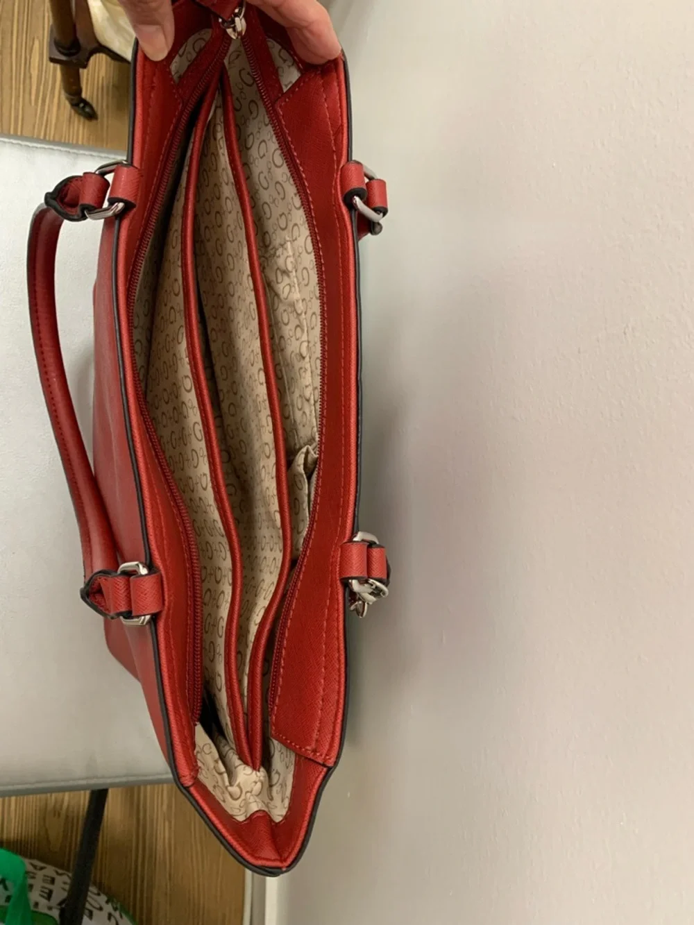 GUESS Red Embossed Triangle Logo Tote - Picture 3 of 3